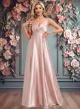 Millicent A-line V-Neck Floor-Length Stretch Satin Bridesmaid Dress JLP0025779