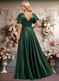 Hazel A-line V-Neck Floor-Length Stretch Satin Bridesmaid Dress JLP0025782