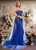 Hailee Trumpet/Mermaid Straight Sweep Train Tulle Sequin Prom Dresses With Sequins Appliques Lace JLP0025857