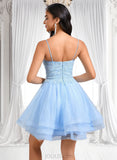 Lara A-line V-Neck Short Lace Tulle Homecoming Dress With Rhinestone Sequins JLP0025658