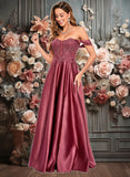 Gabriela A-line Off the Shoulder Floor-Length Satin Lace Prom Dresses With Sequins JLP0025841