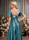 Reyna A-line V-Neck Floor-Length Stretch Satin Bridesmaid Dress With Ruffle JLP0025780