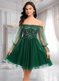 Gabriela A-line Off the Shoulder Short Tulle Homecoming Dress With Sequins Appliques Lace JLP0025663