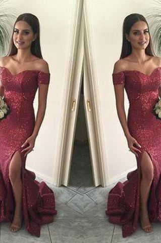 Red Mermaid Long Sequin Sexy Sweetheart Off-the-Shoulder Backless Custom Prom Dresses JS978