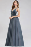 A-Line V-Neck Sleeveless Blue Floor-length Evening Dress Cheap Prom Dresses SJS15055