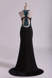 Black Scoop Column Prom Dresses Chiffon With Rhinestones & Beads Sweep Train