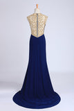 Prom Dresses Scoop Neckline Column Beaded Bodice With Court Train & Slit