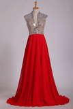 Prom Dresses V Neck A Line Beaded&Sequined With Slit Sweep Train Chiffon