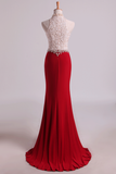 Hot High Neck Prom Dresses Sheath Lace & Spandex Sweep Train