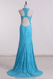 Prom Dresses Scoop Open Back Sheath Sweep Train Lace