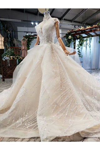 Ball Gown Wedding Dresses One And Half Meter Train Short Sleeves Top Quality Appliques Tulle Beading