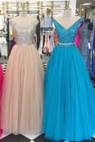 Off The Shoulder Two-Piece Prom Dresses A Line Tulle Beaded Bodice