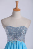 Prom Dresses Scalloped Neckline Sequined Bodice Beaded Waistline With Shirring Chiffon Skirt