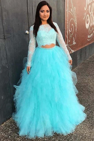 Pretty Ball Gonw Long Sleeves 2 Pieces Lace Tulle Princess Prom Dresses