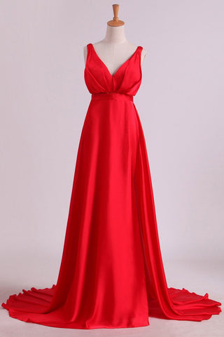 A Line V Neck Deep V Back Prom Dresses Chiffon With Slit Court Train