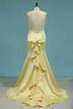 New Arrival Mermaid Boat Neck Prom Dresses Satin With Beads Open Back