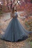 V-Back Tulle Gray Charming Popular Pretty Evening Long Prom Dresses Online PD0140