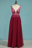 Prom Dresses V Neck 30D Chiffon With Applique Sweep Train A Line