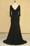 Black Mother Of The Bride Dresses V Neck Chiffon With Beads 3/4 Length Sleeve