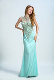 High Neck Prom Dresses Sheath Beaded Bodice Tulle Floor Length