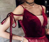 A Line Spaghetti Straps Ombre Long Tulle Prom Dresses, Burgundy V Neck Evening Dress SJS15029