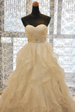 Sweetheart Wedding Dress A Line Organza With Beads And Ruffles Chapel Train