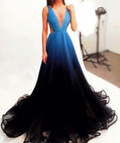 New Style Black V-Neck New Arrival Long Gradient Color Tulle Long Prom Dresses JS829