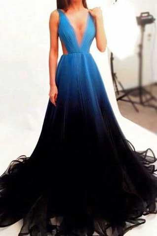 New Style Black V-Neck New Arrival Long Gradient Color Tulle Long Prom Dresses JS829