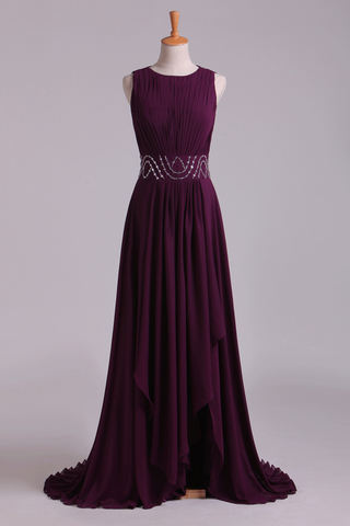 Prom Dresses A-Line Bateau Floor-Length Chiffon With Beads & Ruffles