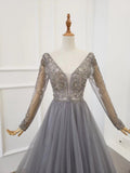 A Line Long Sleeves V Neck Gray Tulle Prom Dresses with Beading, Evening Dress SJS15549