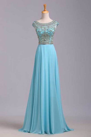 Elegant Prom Dresses A-Line Scoop Beaded Bodice Floor-Length Chiffon Zipper Back