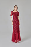 Elegant Mermaid Burgundy Tulle Prom Dresses Round Neck Long Evening Dresses SJS15176