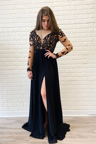 Long Sleeves Black Formal Dress High Slit Sexy Chiffon Long Prom Dress SJSPGNANEC5