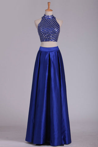 Two Pieces Prom Dresses High Neck Satin With Rhinestones And Slit