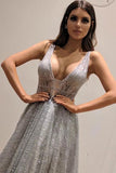 Chic A-Line Silver Backless V Neck Fashion Custom Unique Long Prom Dresses SJS15130