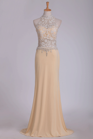 Lace & Spandex Prom Dresses High Neck Sweep Train Sheath