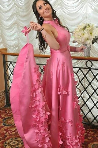 A-line Halter Light Plum Prom Dresses With Handmade Flowers, Open Back Evening Dresses SJS15050