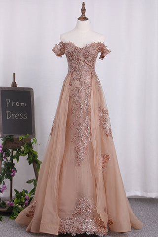 Sheath Prom Dresses Off The Shoulder Organza With Applique