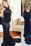 Hot Sexy Sequins Mermaid Prom Dresses Halter Open Back Zipper Up