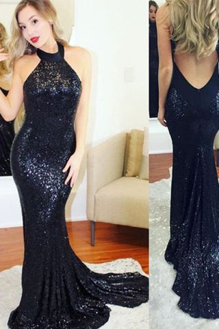 Hot Sexy Sequins Mermaid Prom Dresses Halter Open Back Zipper Up