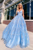 Flowy Ball Gown Light Blue Spaghetti Straps Prom Dresses, Lace Appliques Backless Prom Gowns SJS15230