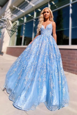 Flowy Ball Gown Light Blue Spaghetti Straps Prom Dresses, Lace Appliques Backless Prom Gowns SJS15230