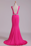 Prom Dresses Open Back Column V Neck Beaded Waistline Sweep Train