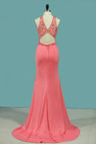 Mermaid Scoop Prom Dresses Spandex With Beading Sweep Train Open Back