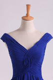 Off The Shoulder Evening Dresses A Line Ruched Bodice Chiffon Floor Length Dark Royal Blue