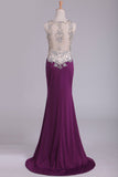 Sheath V Neck Prom Dresses Spandex With Beads Sweep Train