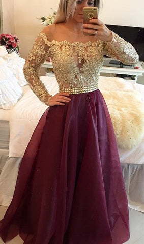 Prom Dresses Scoop A Line With Applique And Beads Floor Length Long Sleeves