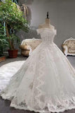 Luxurious Satin Wedding Dresses Lace Up Boat Neck With Appliques And Sequins