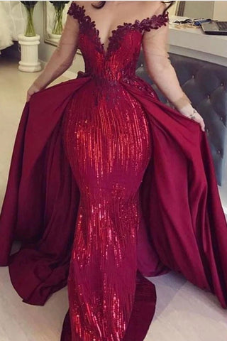 Mermaid Off the Shoulder Burgundy Long Sleeves V Neck Prom Dresses with Detachable Train SJS15263