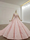 Elegant Ball Gown Pink Long Sleeves Appliques Prom Dresses, Quinceanera SJS20482